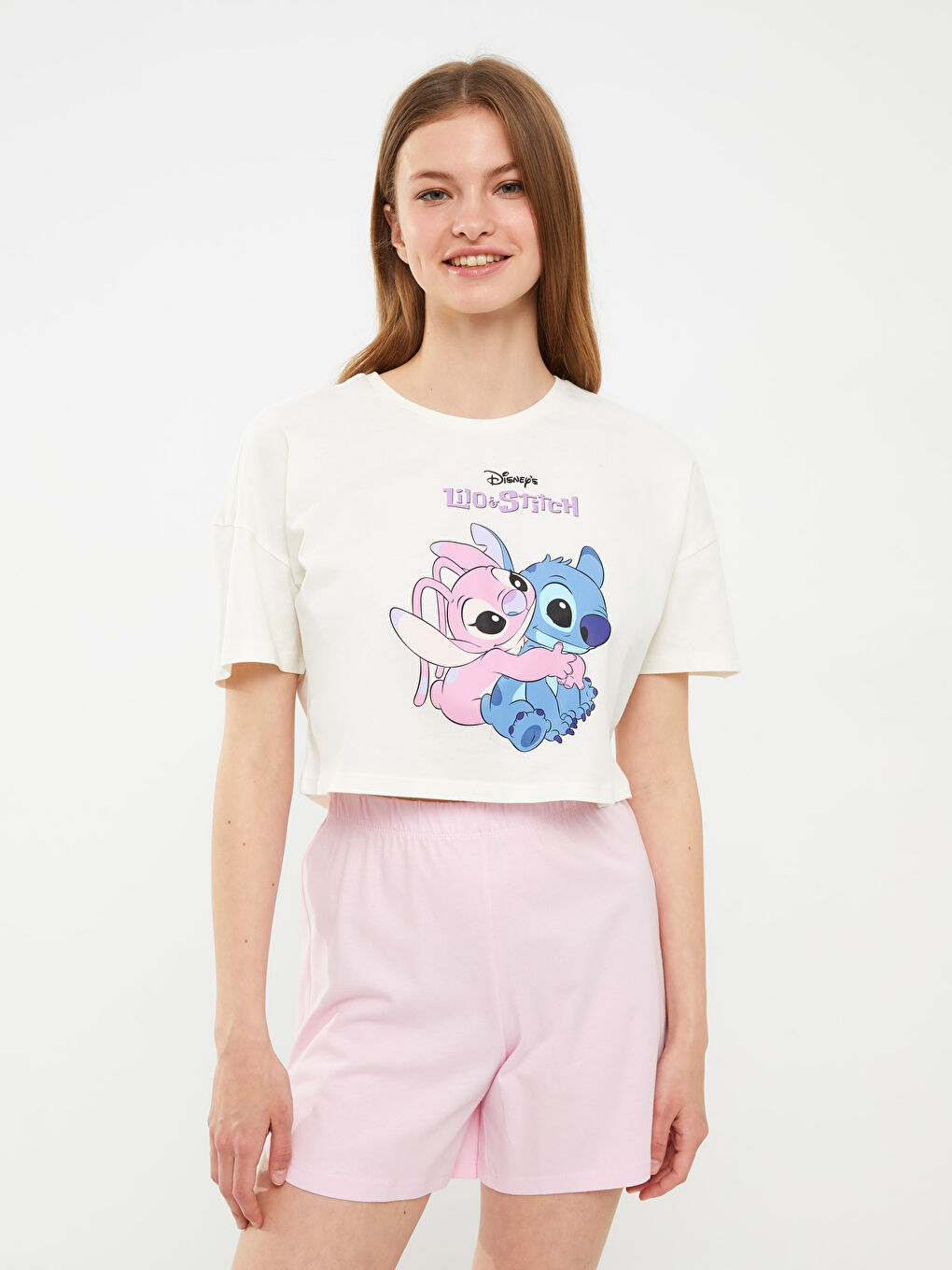 Crew Neck Lilo & Stitch Printed Short Sleeve Cotton Women's Pajamas Set-1