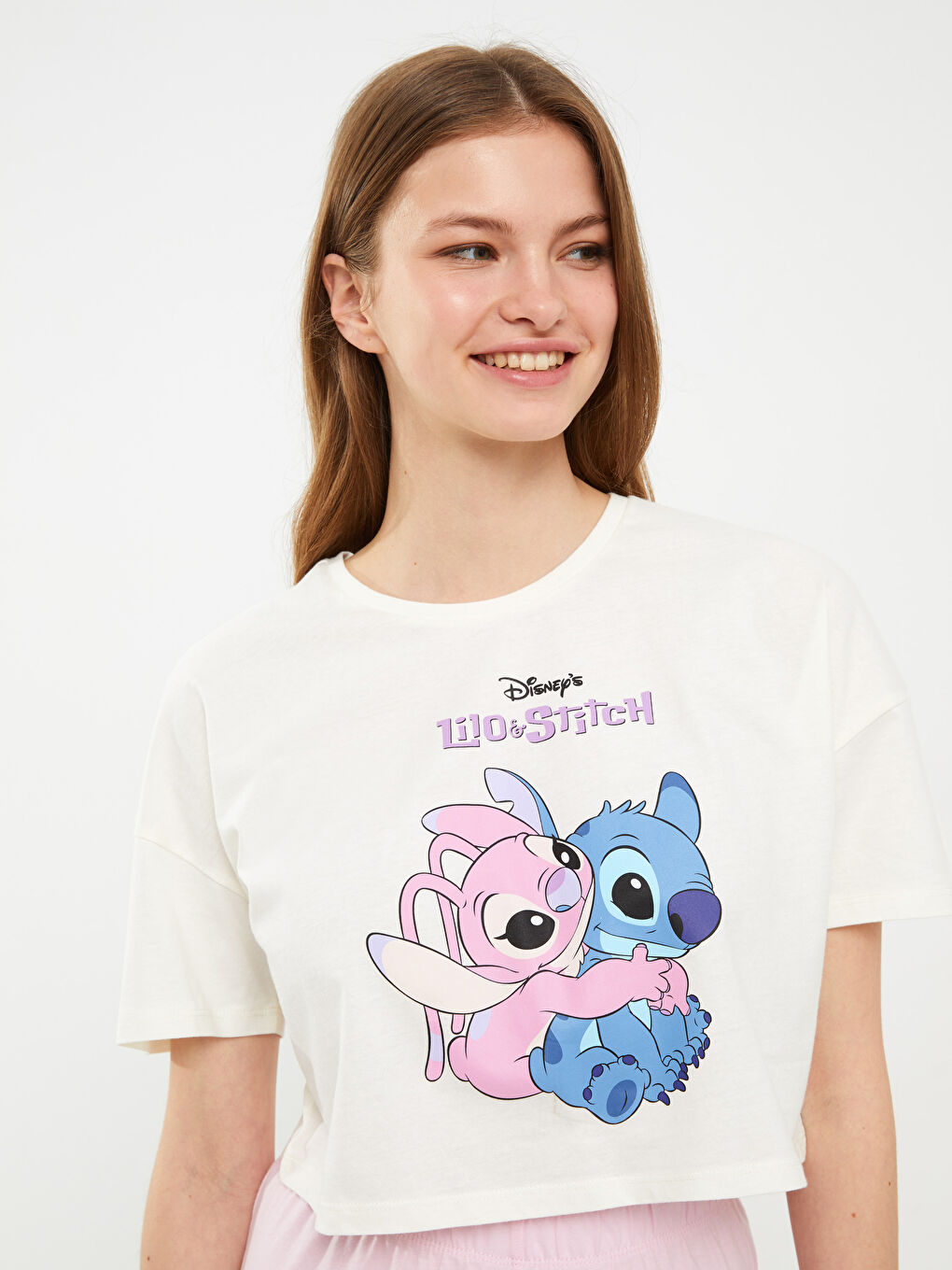 Crew Neck Lilo & Stitch Printed Short Sleeve Cotton Women's Pajamas Set-2