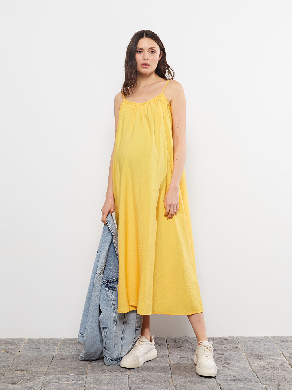 Sarı U Yaka Düz Askılı Hamile Elbise-1