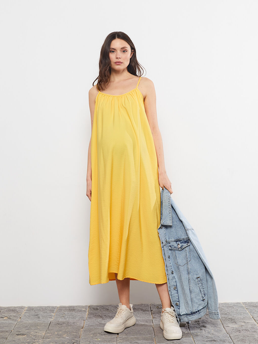 Sarı U Yaka Düz Askılı Hamile Elbise-3