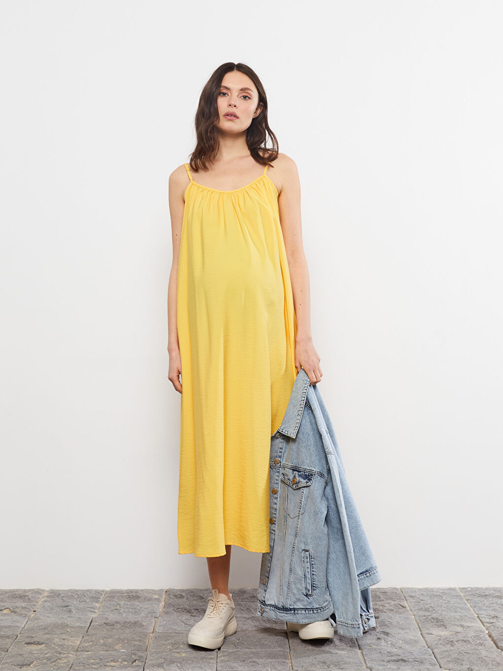 Sarı U Yaka Düz Askılı Hamile Elbise-5