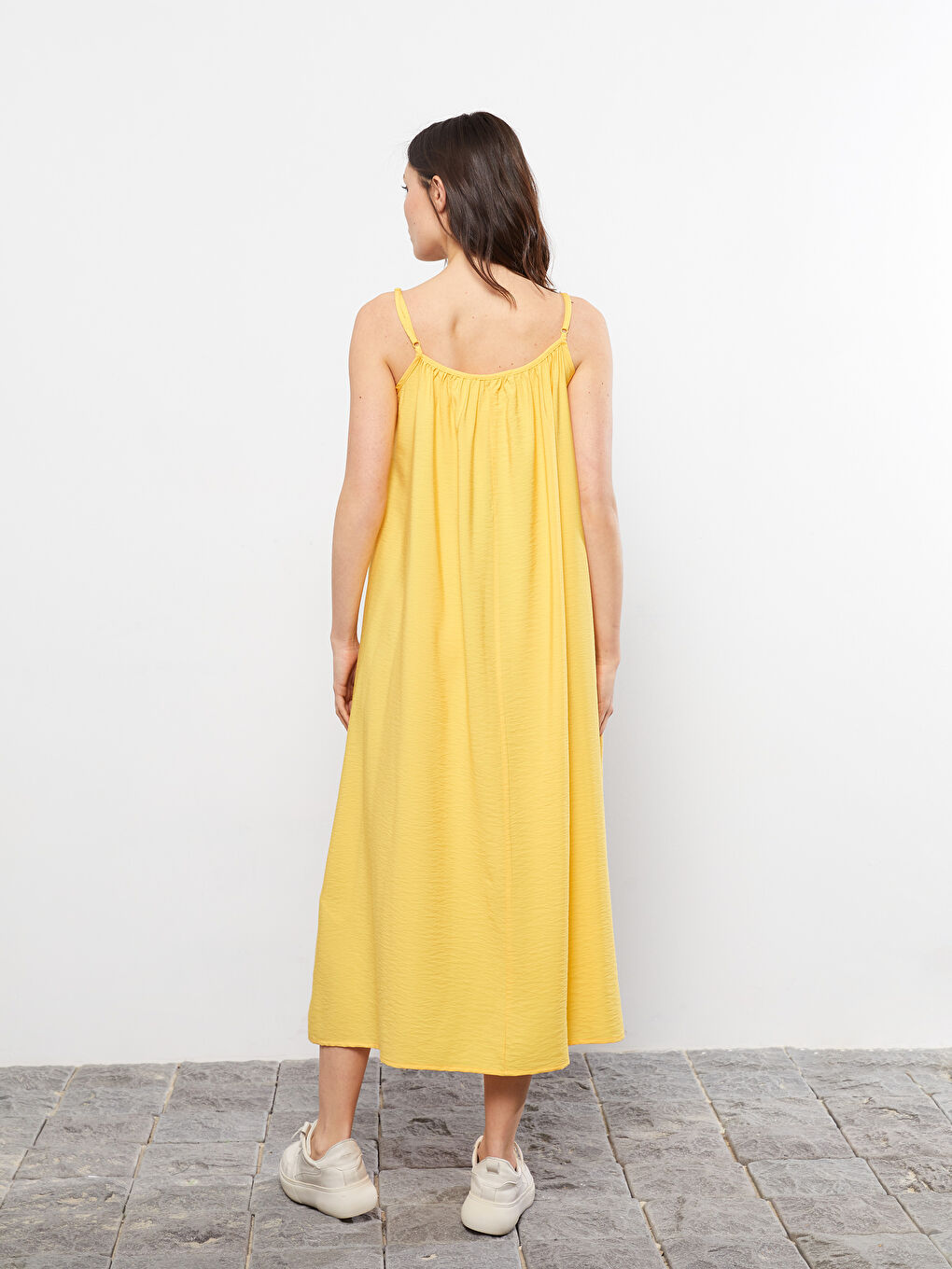 Sarı U Yaka Düz Askılı Hamile Elbise-9