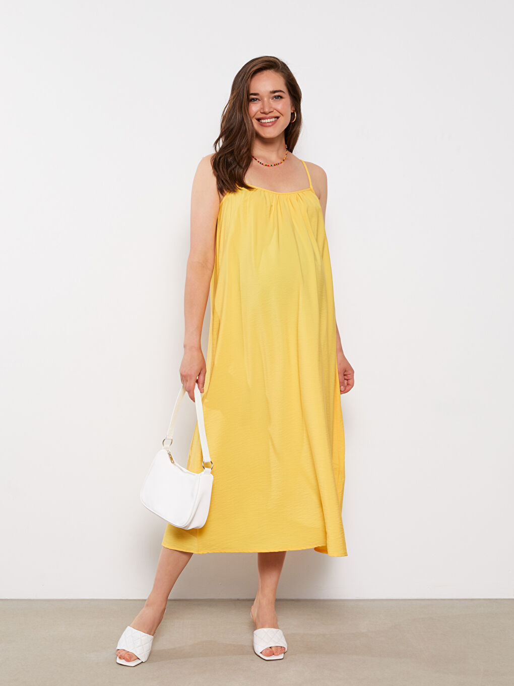 Sarı U Yaka Düz Askılı Hamile Elbise