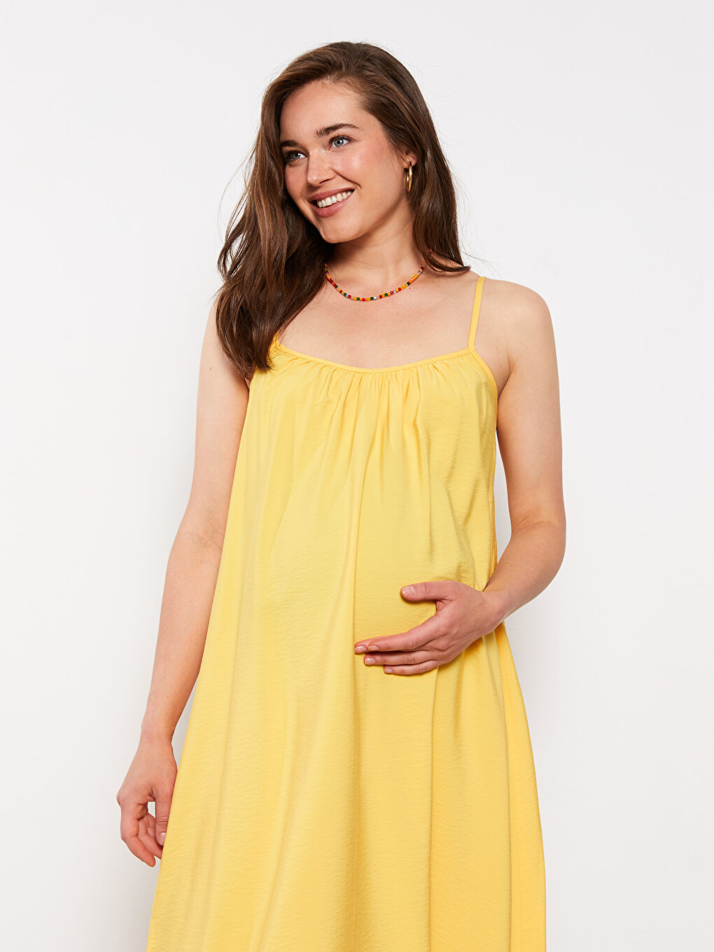 Sarı U Yaka Düz Askılı Hamile Elbise-2