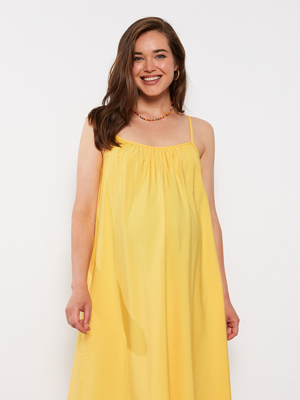 Sarı U Yaka Düz Askılı Hamile Elbise-4