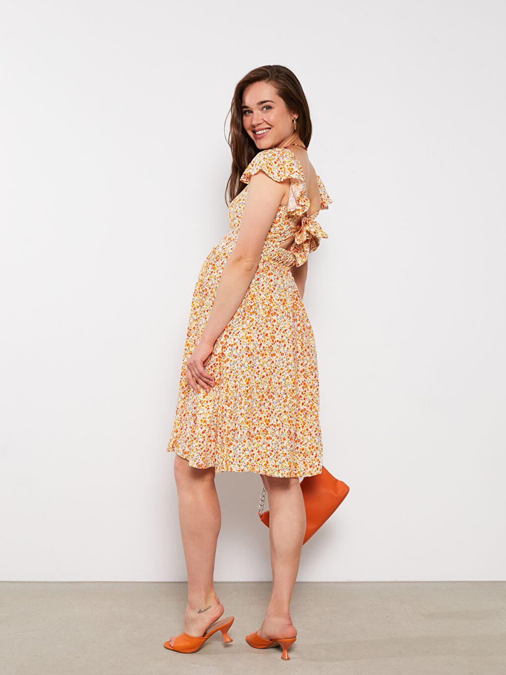 Sarı Kare Yaka Çiçekli Kısa Kollu Viskon Hamile Elbise