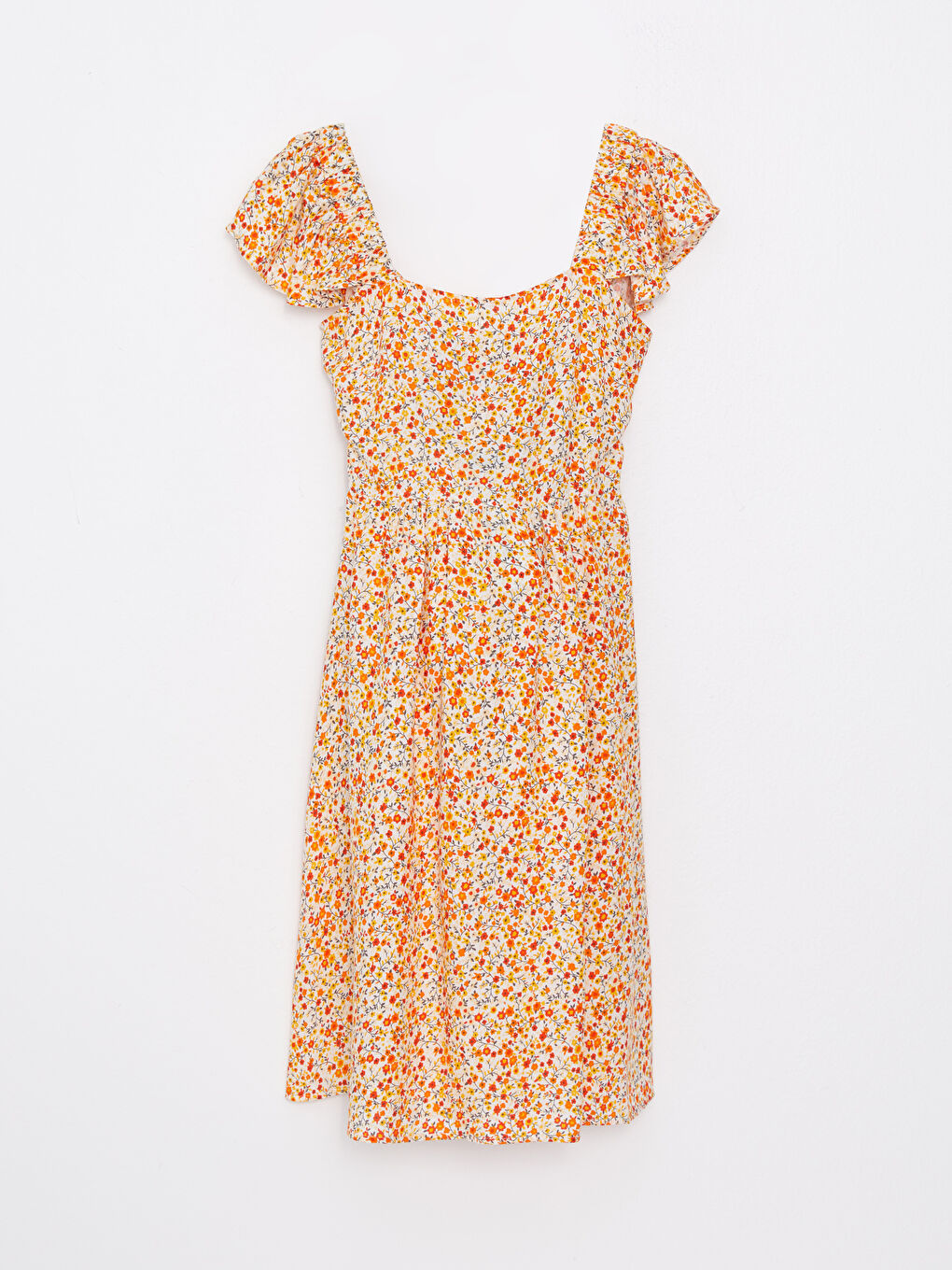 Sarı Kare Yaka Çiçekli Kısa Kollu Viskon Hamile Elbise-5