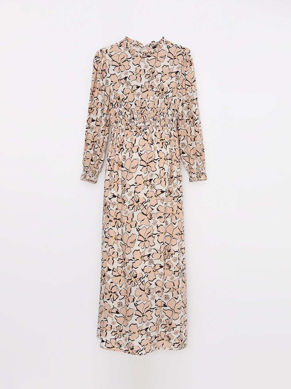 Bej Fırfırlı Dik Yaka Desenli Uzun Kollu Viskon Hamile Elbise-5