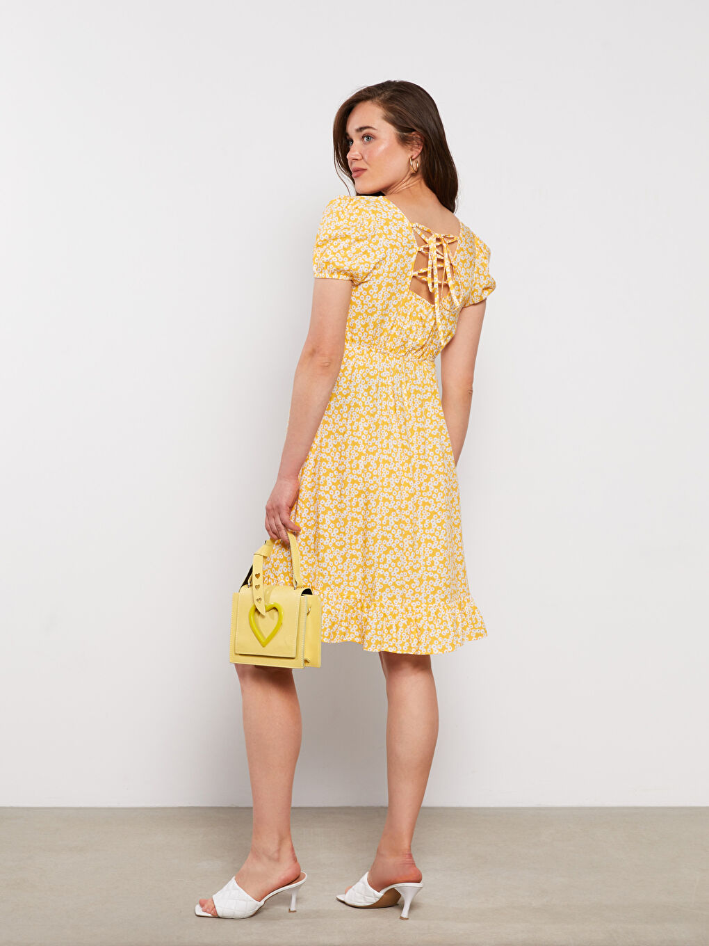 Sarı Kare Yaka Desenli Kısa Kollu Viskon Hamile Elbise