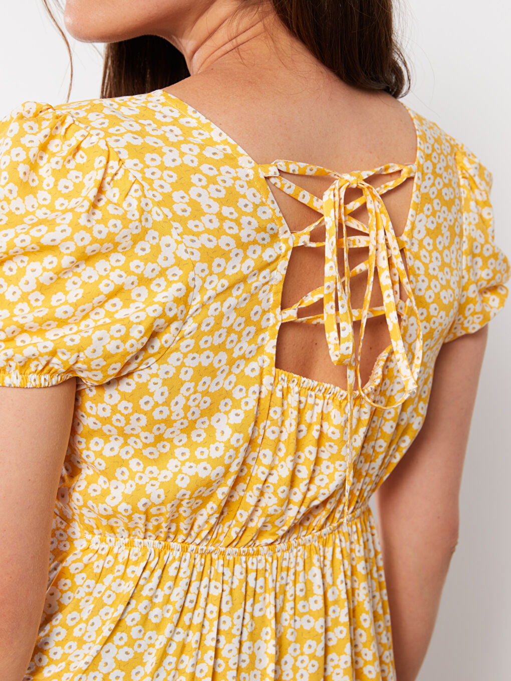 Sarı Kare Yaka Desenli Kısa Kollu Viskon Hamile Elbise-2