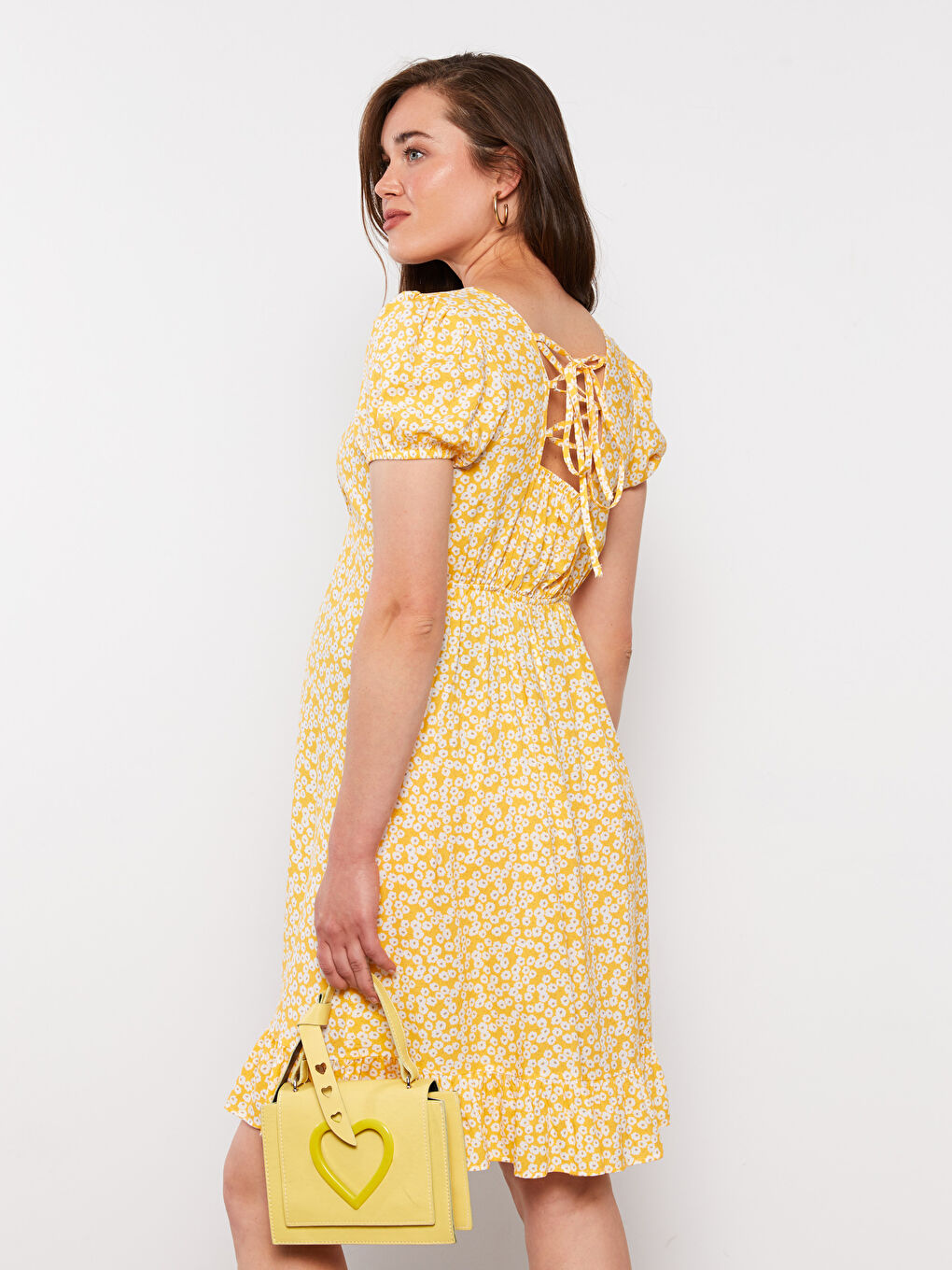 Sarı Kare Yaka Desenli Kısa Kollu Viskon Hamile Elbise-3