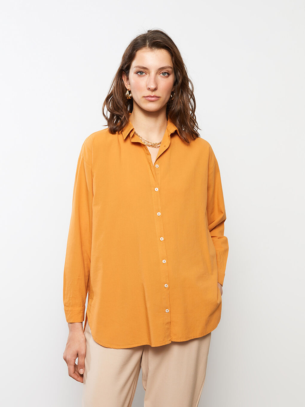 Turuncu Önden Düğme Kapamalı Düz Uzun Kollu Oversize Poplin Kadın Gömlek-2