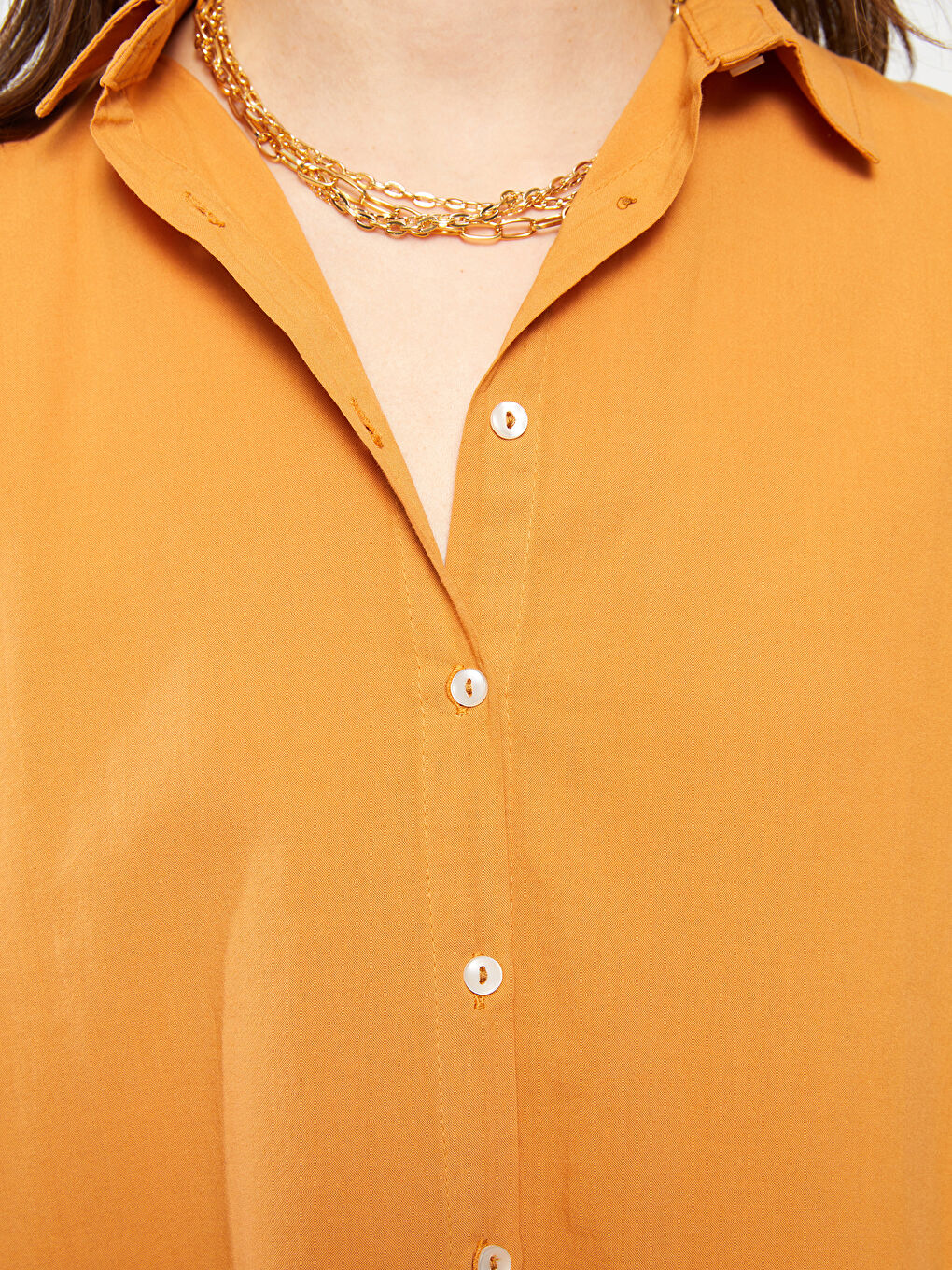 Turuncu Önden Düğme Kapamalı Düz Uzun Kollu Oversize Poplin Kadın Gömlek-3
