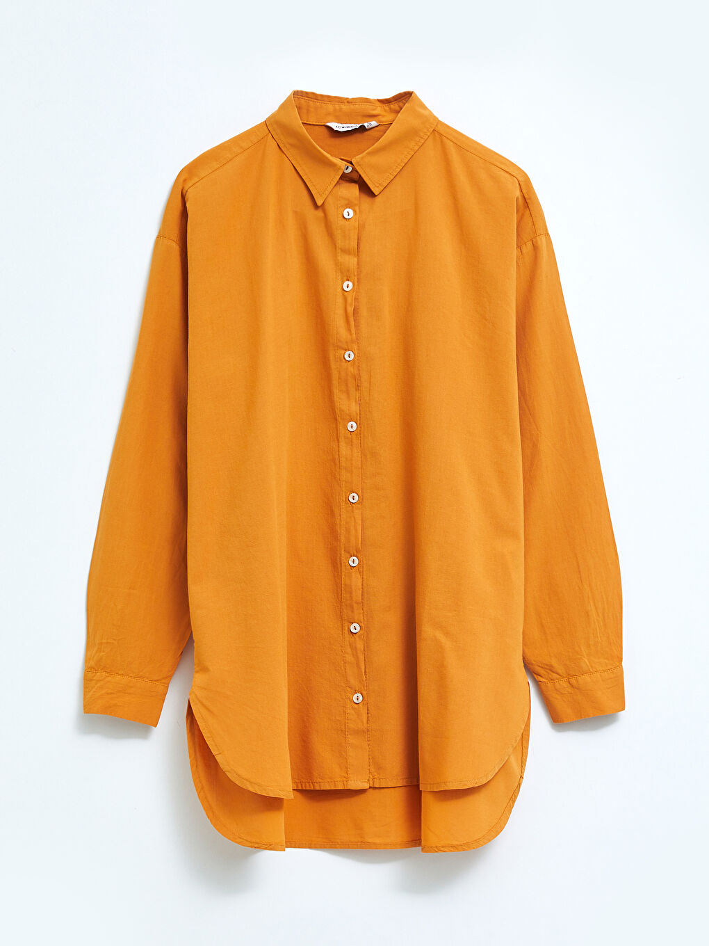 Turuncu Önden Düğme Kapamalı Düz Uzun Kollu Oversize Poplin Kadın Gömlek-5
