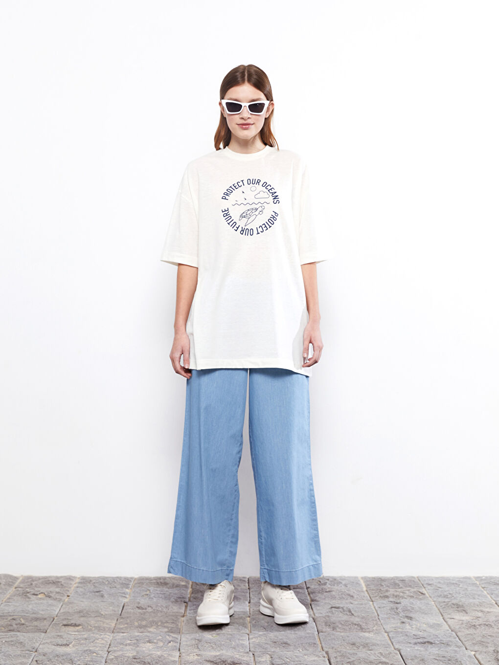 Ekru Bisiklet Yaka Baskılı Kısa Kollu Kadın Tunik