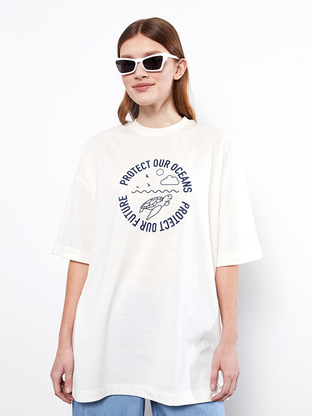 Ekru Bisiklet Yaka Baskılı Kısa Kollu Kadın Tunik-1