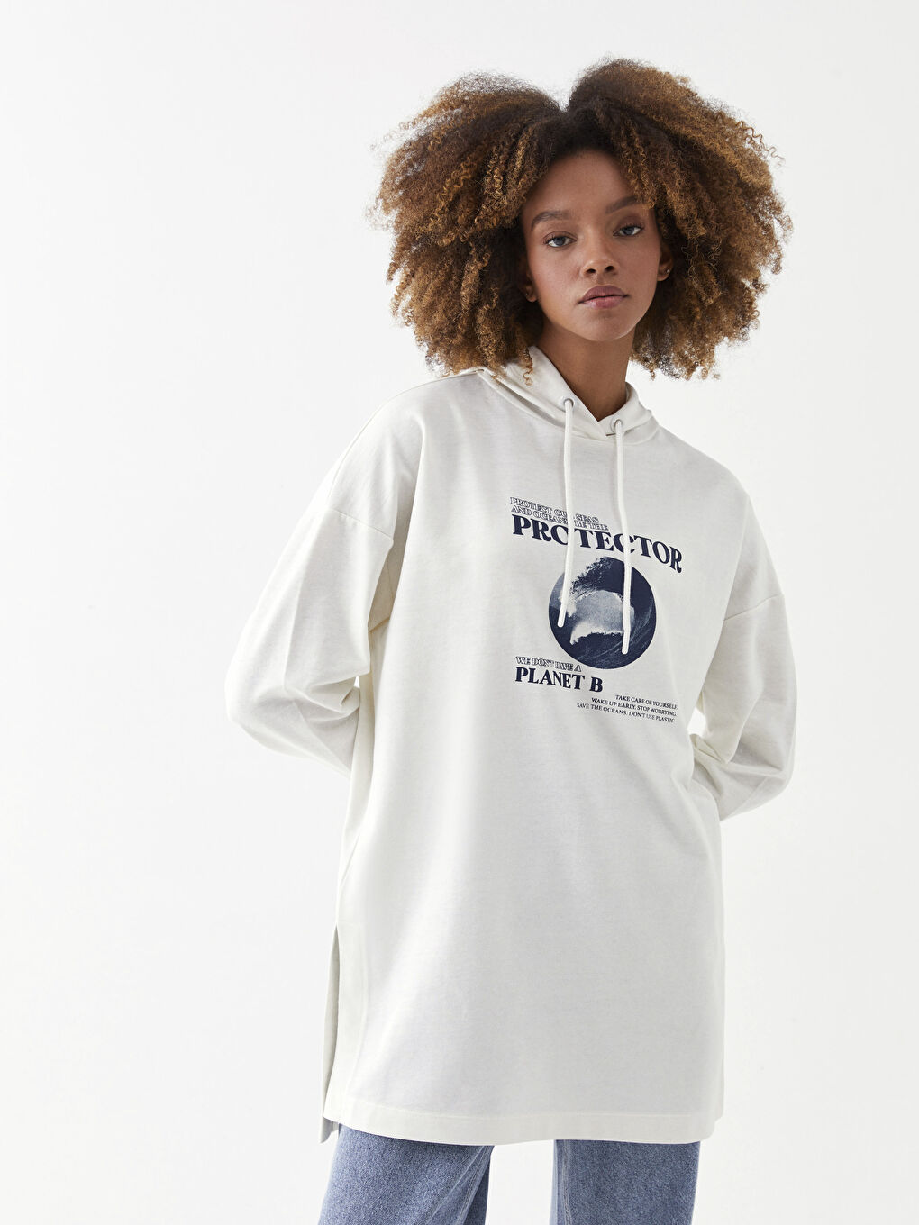 Tunică tip hanorac cu glugă, imprimată, mânecă lungă pentru femei-5