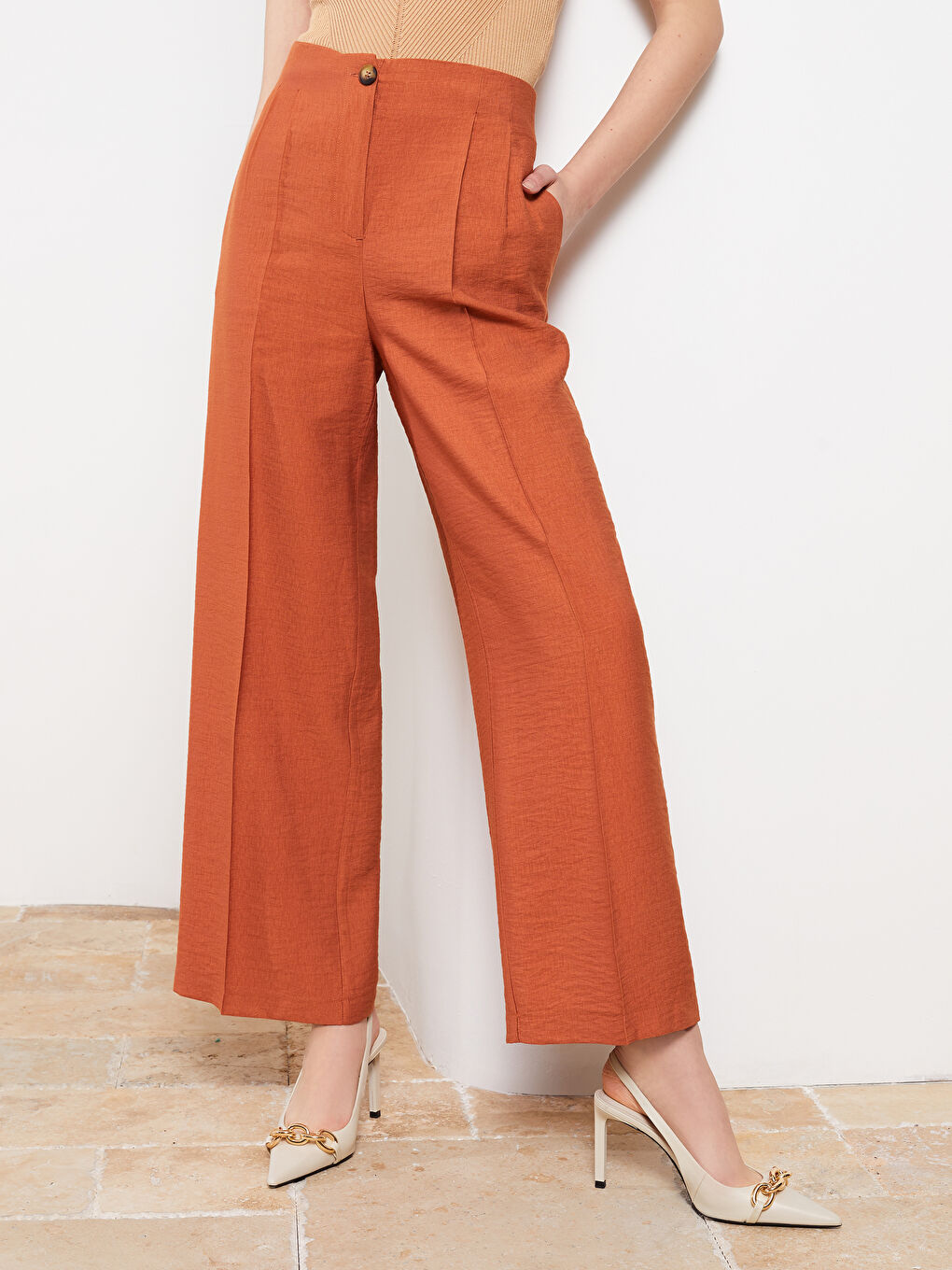 Pantalon Régulier Coupe Ample Taille Haute pour Femmes-2
