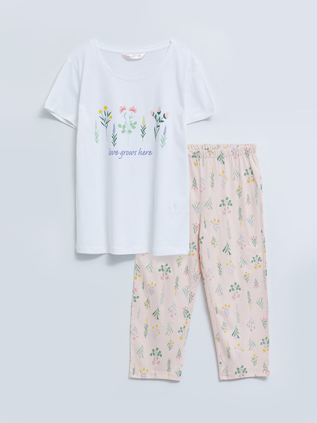 Pembe Bisiklet Yaka Baskılı Kısa Kollu Pamuklu Kadın Pijama Takımı-4