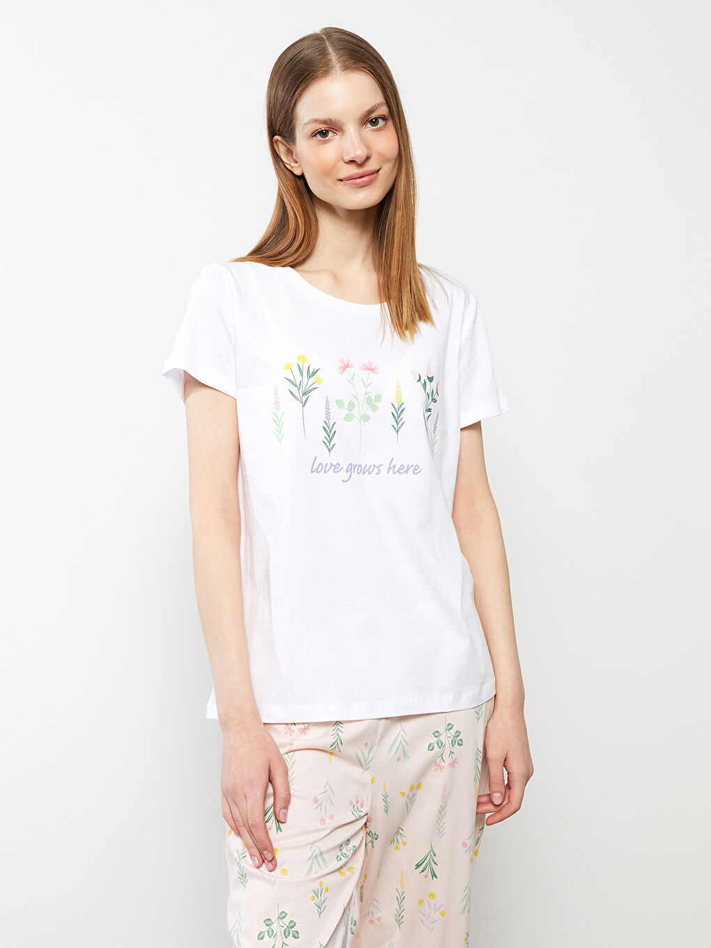 Pembe Bisiklet Yaka Baskılı Kısa Kollu Pamuklu Kadın Pijama Takımı-1