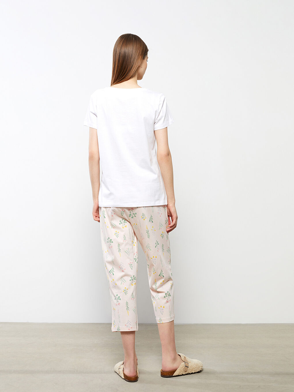 Pembe Bisiklet Yaka Baskılı Kısa Kollu Pamuklu Kadın Pijama Takımı-3