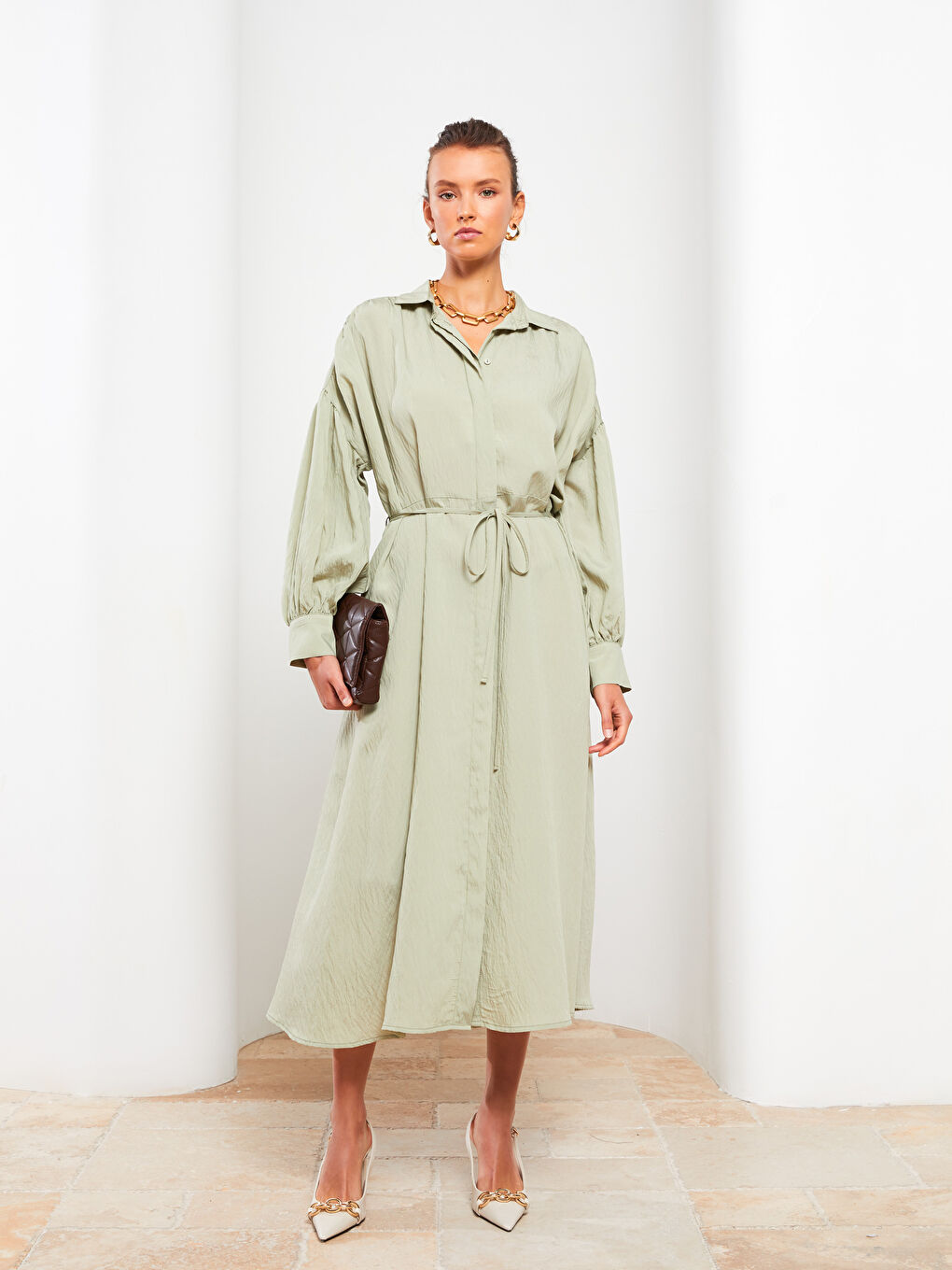 Collared Neck Plain Long Sleeve Women's Dress