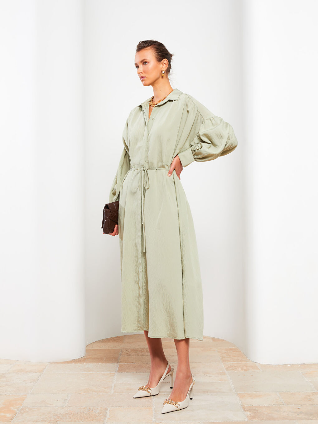 Collared Neck Plain Long Sleeve Women's Dress-1