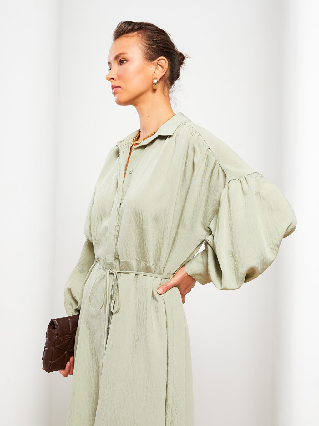 Collared Neck Plain Long Sleeve Women's Dress-3