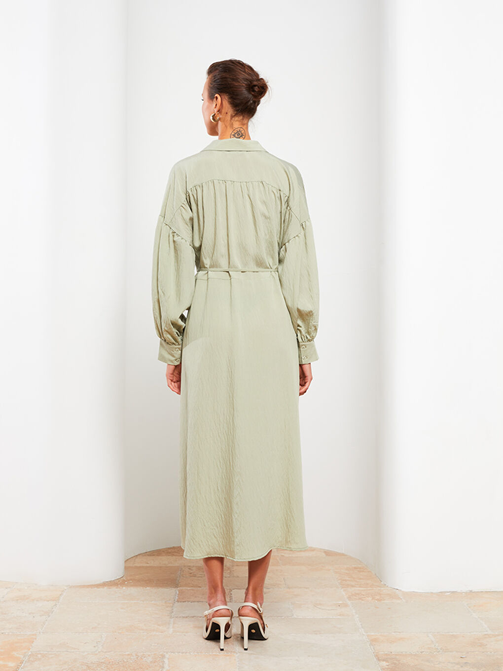 Collared Neck Plain Long Sleeve Women's Dress-4