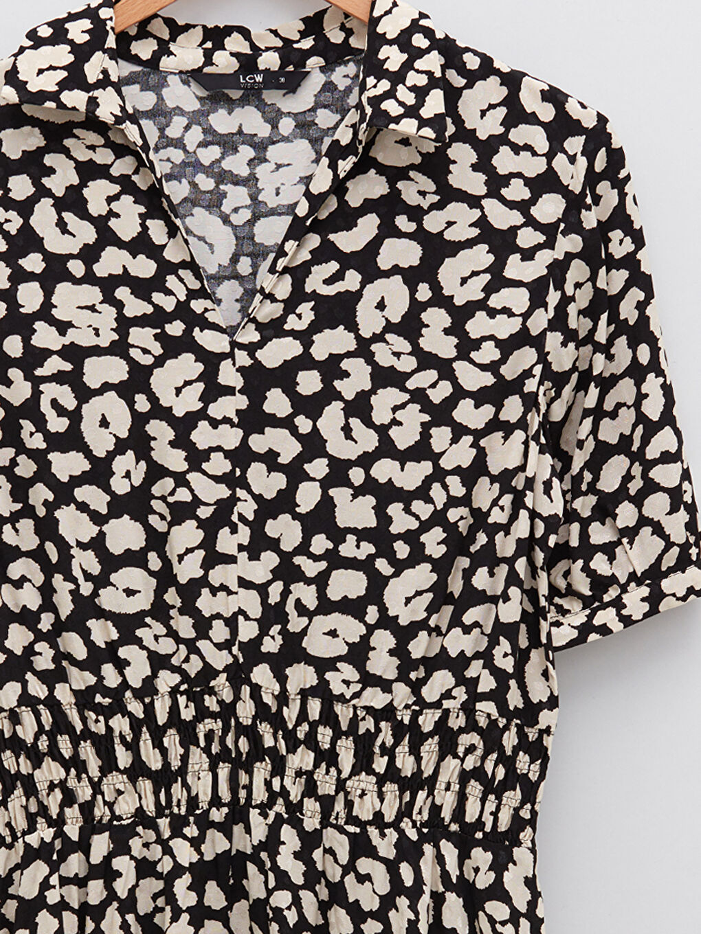 Siyah Gömlek Yaka Desenli Kısa Kollu Viskon Kadın Elbise-7