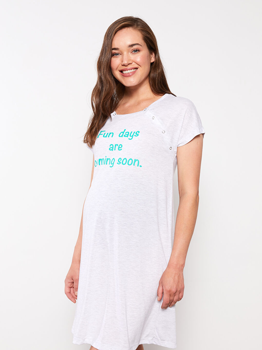 Cămașă de noapte pentru gravide cu mânecă scurtă, guler rotund, imprimată, cu funcția de alăptare-2