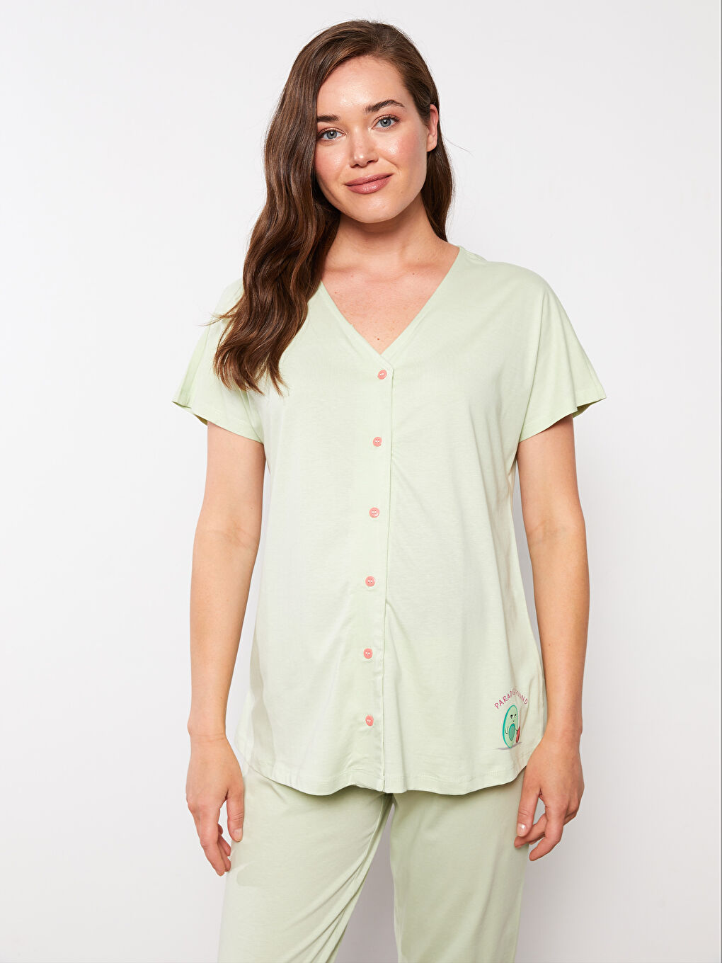 Yeşil V Yaka Baskılı Kısa Kollu Pamuklu Kadın Pijama Takımı-2