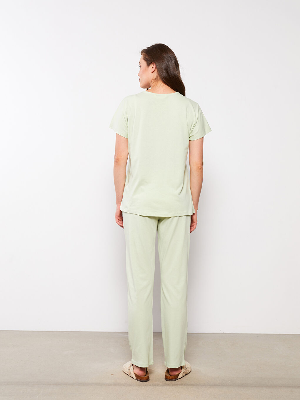 Yeşil V Yaka Baskılı Kısa Kollu Pamuklu Kadın Pijama Takımı-4
