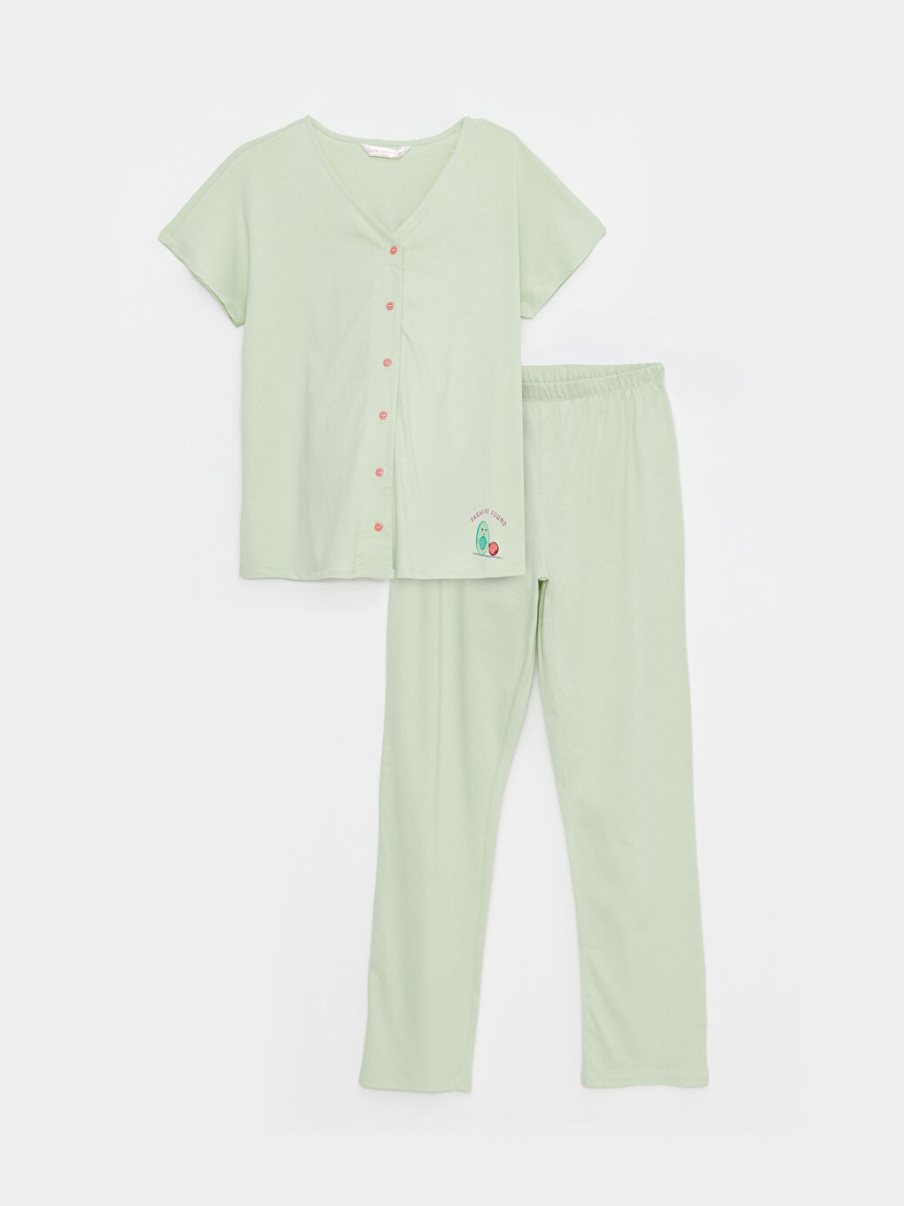 Yeşil V Yaka Baskılı Kısa Kollu Pamuklu Kadın Pijama Takımı-5