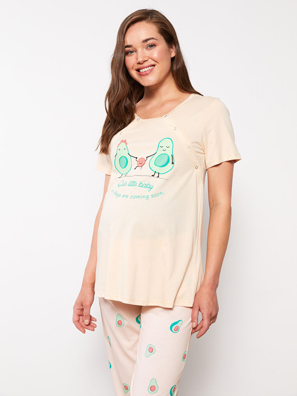 طقم بيجامة ياقة دائرية كم قصير مطبوع قطن للسيدات-2