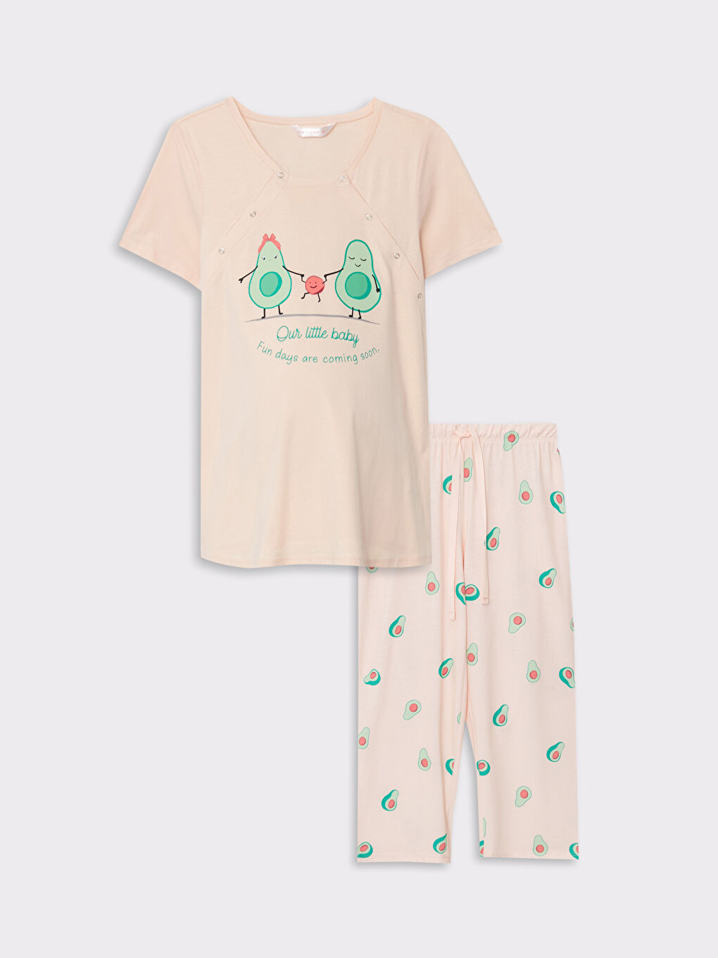 طقم بيجامة ياقة دائرية كم قصير مطبوع قطن للسيدات-5