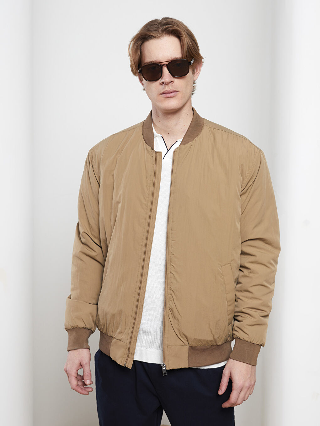 Kahverengi Standart Kalıp Kolej Yaka Erkek Bomber Mont-1