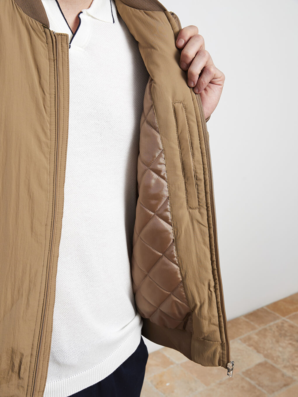 Kahverengi Standart Kalıp Kolej Yaka Erkek Bomber Mont-3