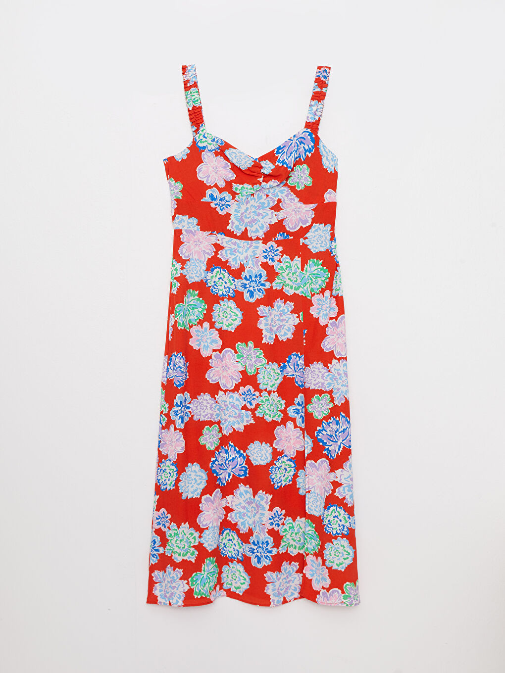 Mercan V Yaka Çiçekli Askılı Viskon Elbise