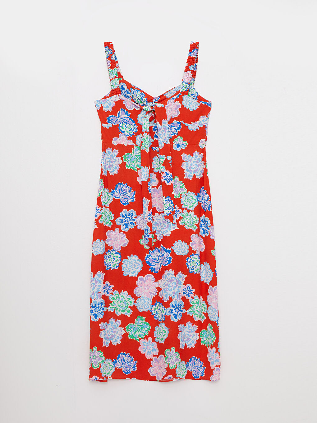 Mercan V Yaka Çiçekli Askılı Viskon Elbise-1