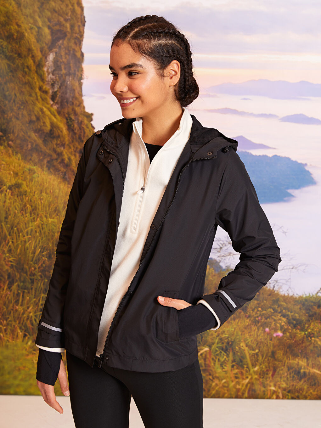 LCW OUTDOOR Hooded Printed Long Sleeve Women's Outdoor Raincoat -S2HT90Z8-CVL