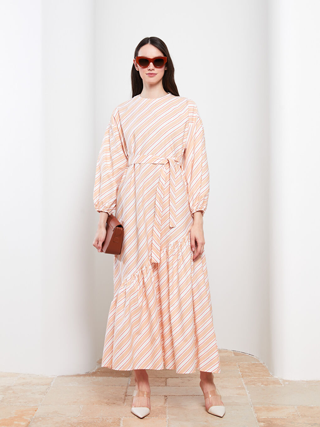 Beyaz Bisiklet Yaka Çizgili Uzun Kollu Poplin Kadın Elbise