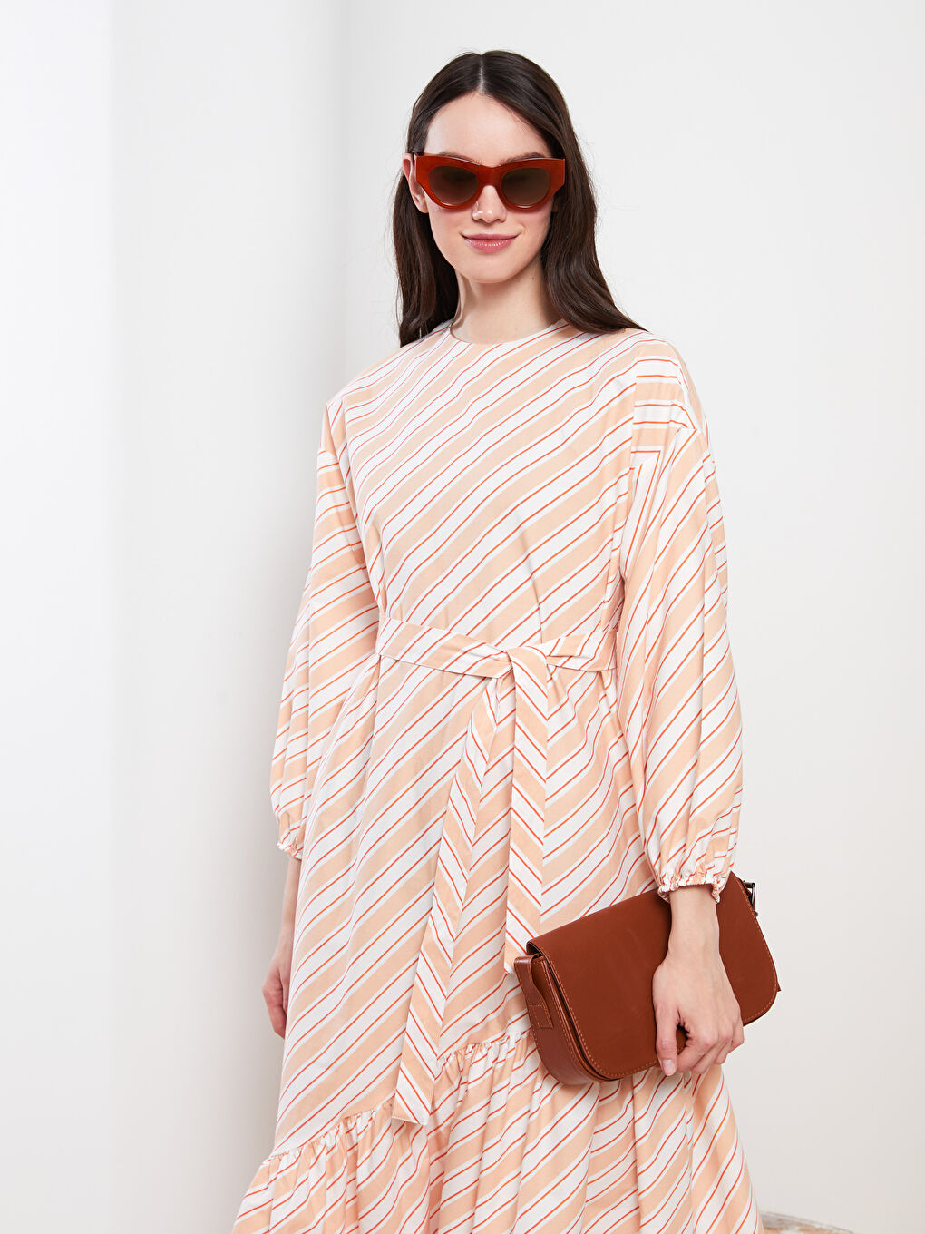 Beyaz Bisiklet Yaka Çizgili Uzun Kollu Poplin Kadın Elbise-1