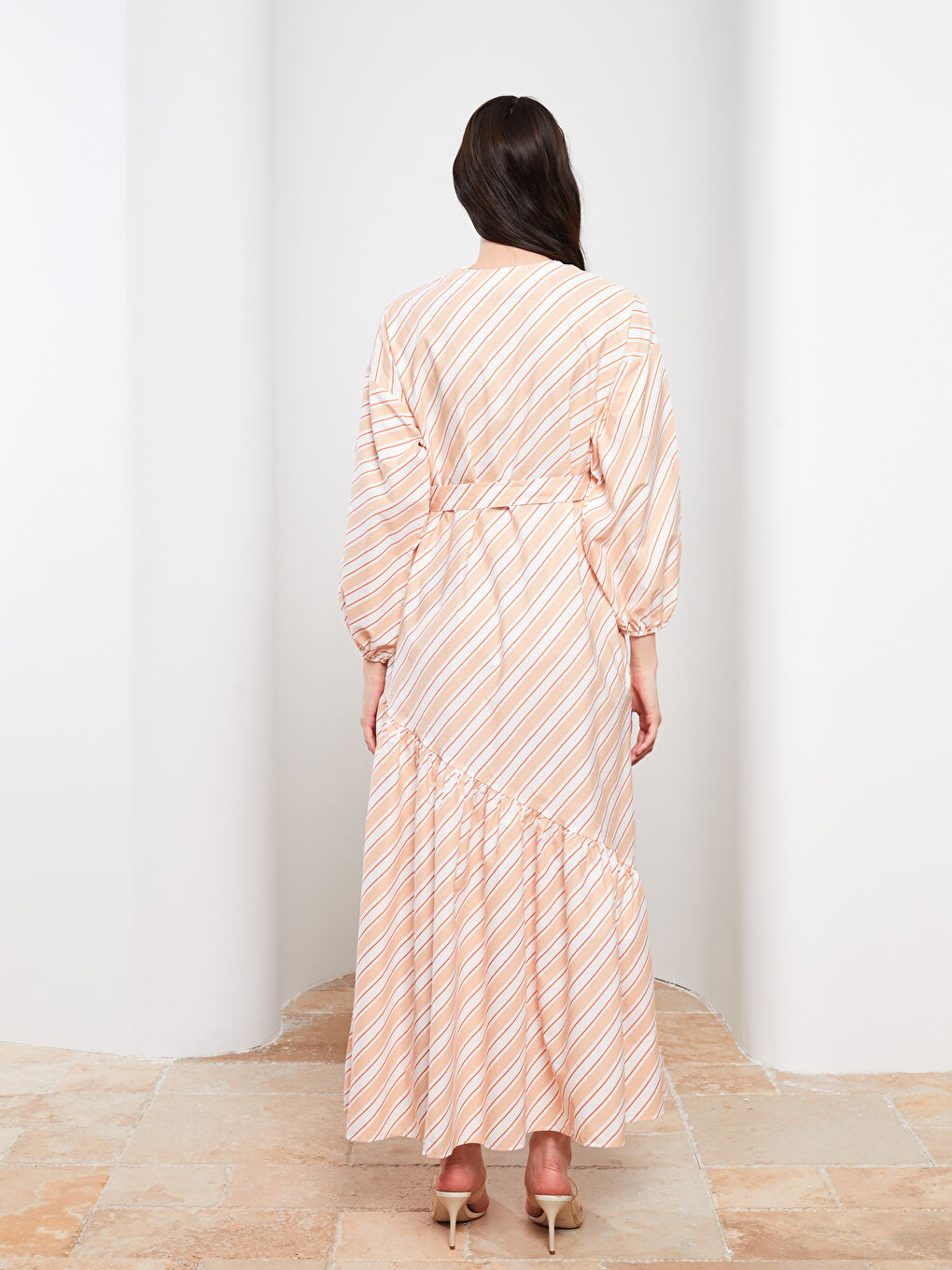 Beyaz Bisiklet Yaka Çizgili Uzun Kollu Poplin Kadın Elbise-3