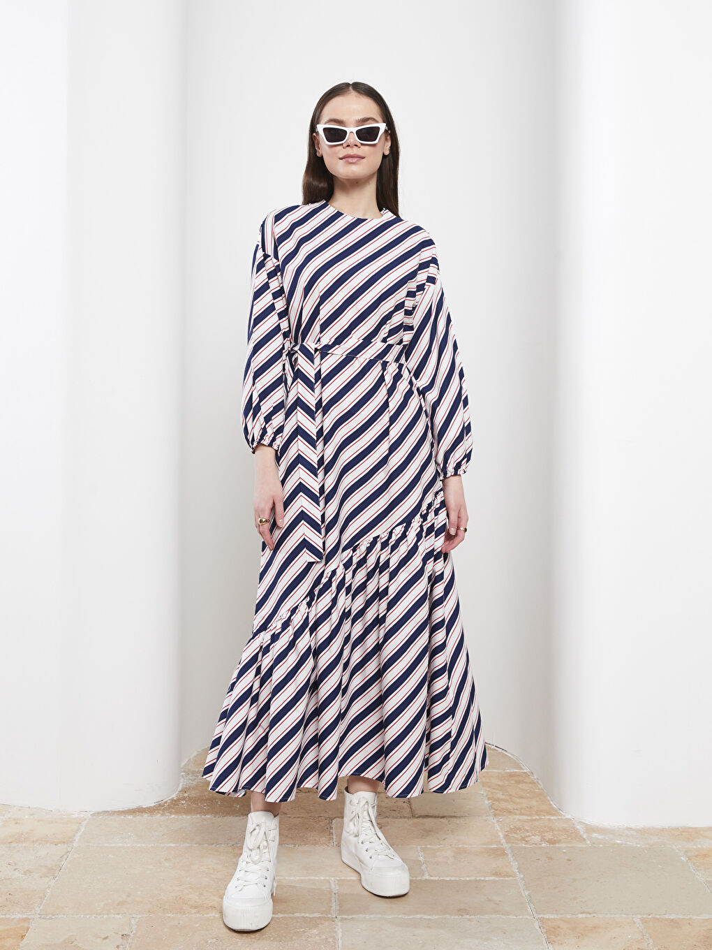 فستان ياقة دائرية مخطط كم طويل بوبلين للسيدات-1