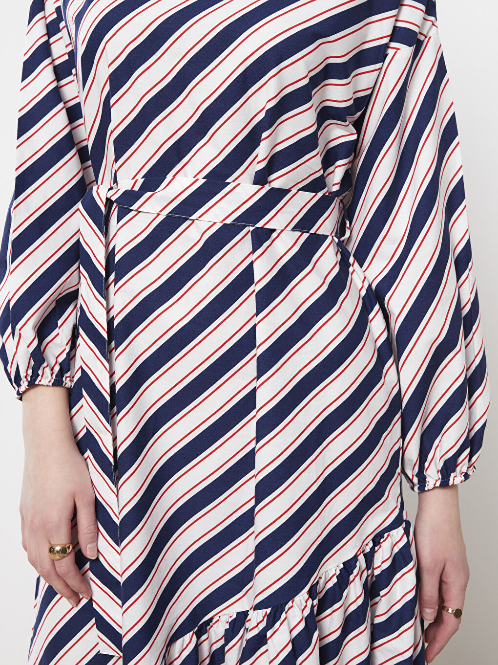 فستان ياقة دائرية مخطط كم طويل بوبلين للسيدات-3