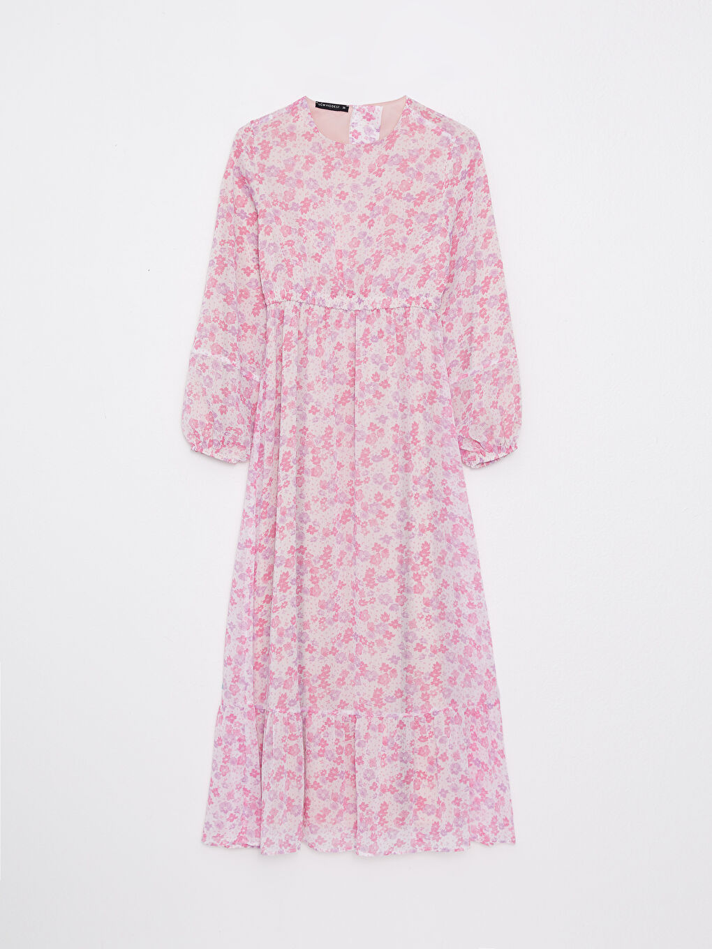 Lila Bisiklet Yaka Çiçekli Uzun Kollu Şifon Kadın Elbise-5