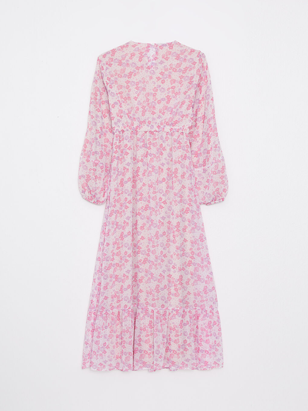 Lila Bisiklet Yaka Çiçekli Uzun Kollu Şifon Kadın Elbise-6