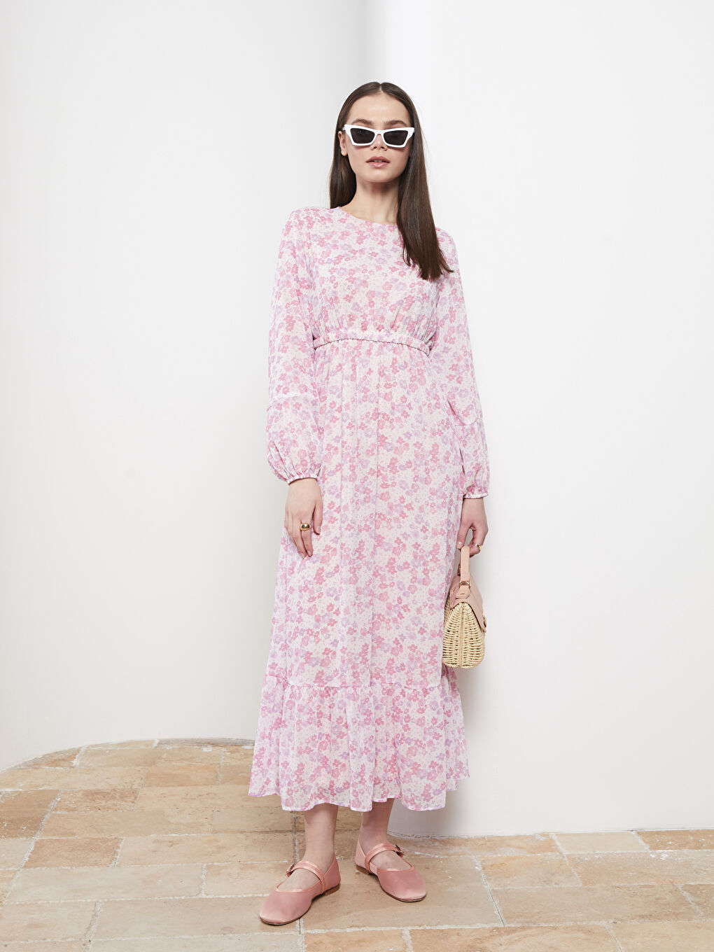 Lila Bisiklet Yaka Çiçekli Uzun Kollu Şifon Kadın Elbise