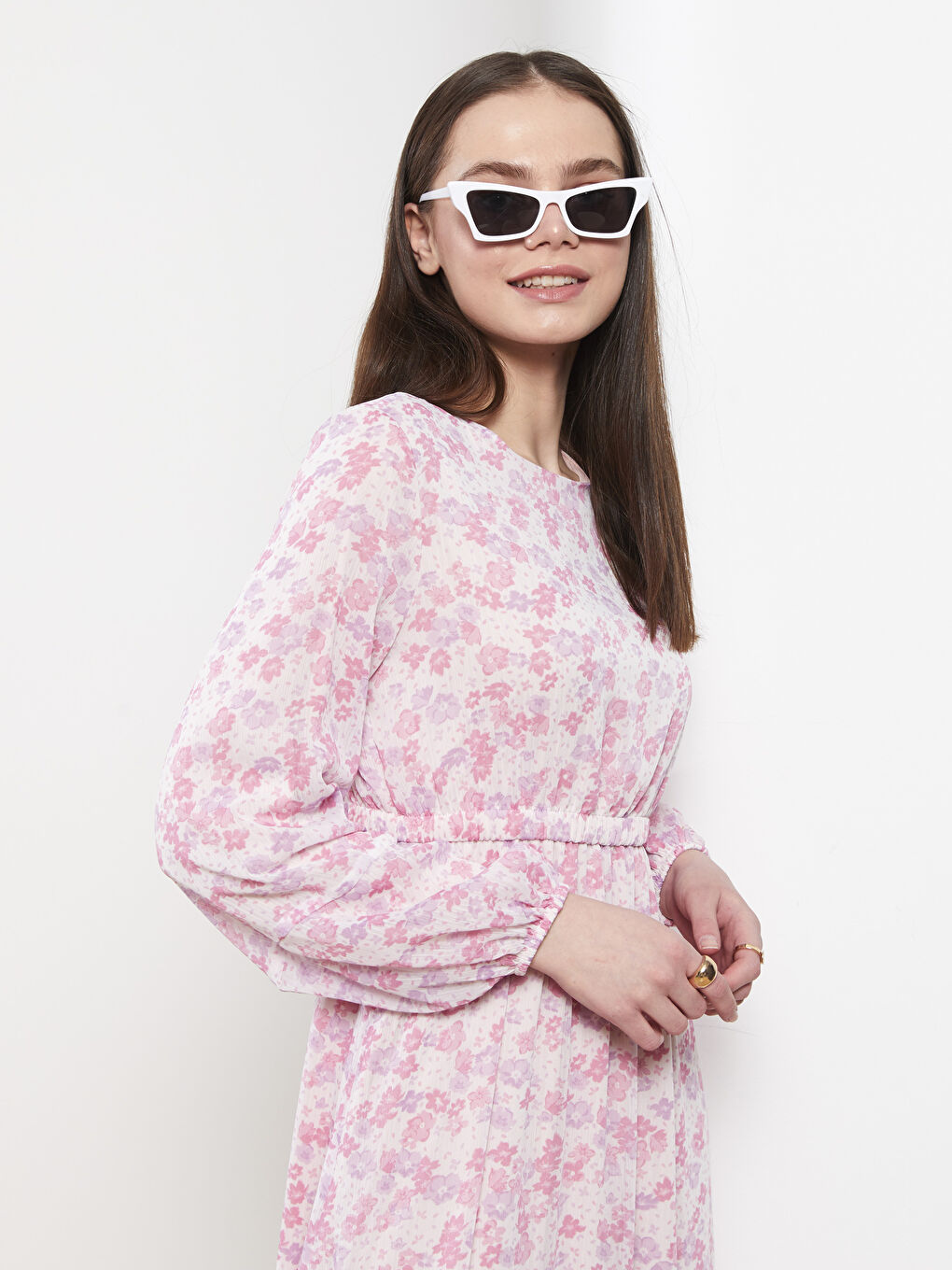 Lila Bisiklet Yaka Çiçekli Uzun Kollu Şifon Kadın Elbise-2